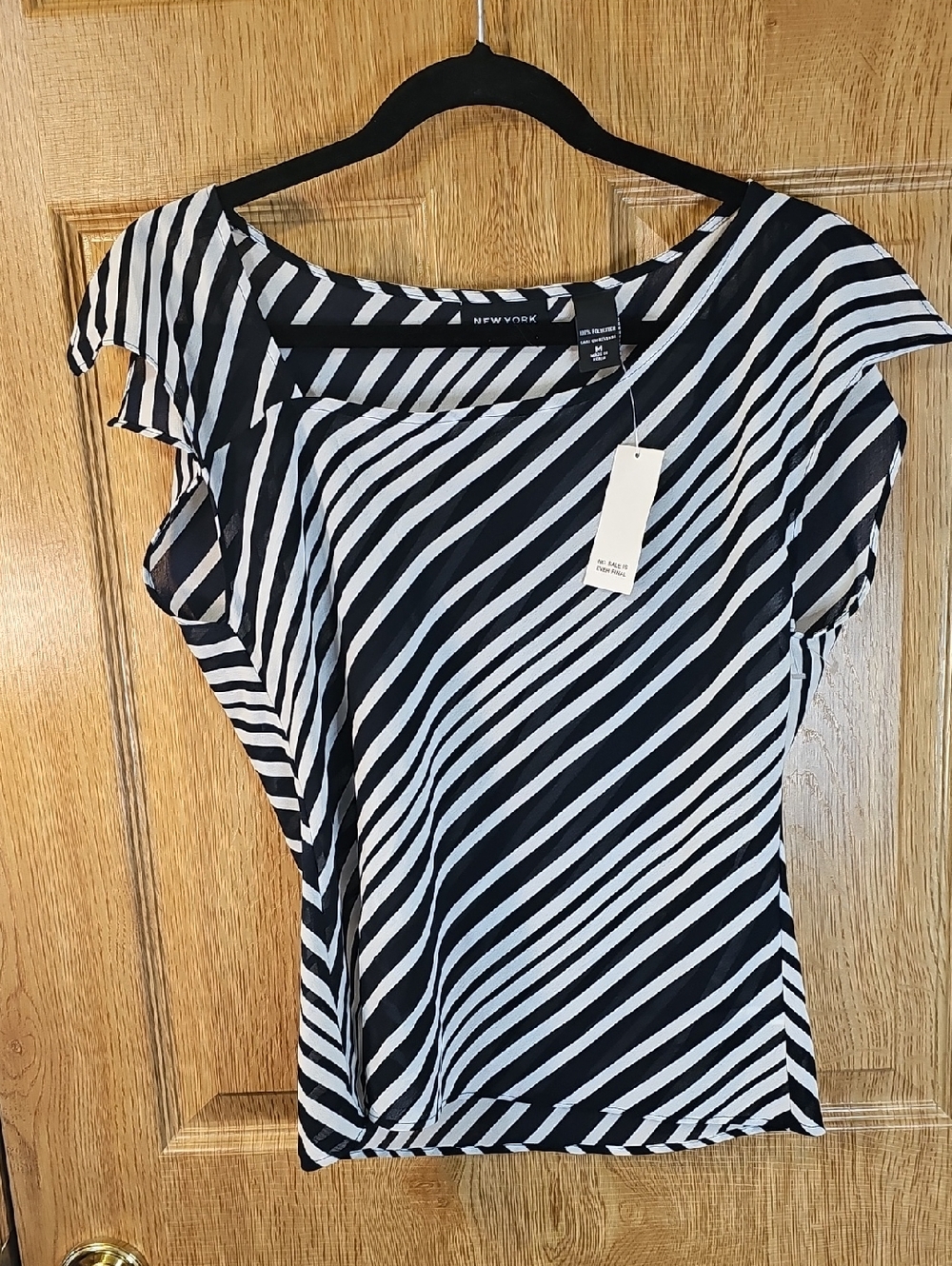 New York & Company Black and White Striped Flutter Sleeve Blouse